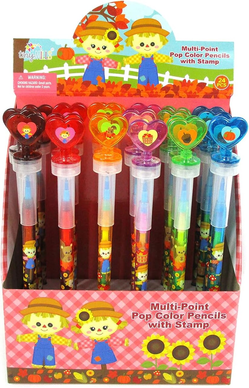 TINYMILLS 24 Pcs Fall Harvest Thanksgiving 2 in 1 Stackable Stacking Crayon with Extra Stamper Topper, Kids Party Favors, Goodie Bag Stuffers, Classroom Rewards, Prizes